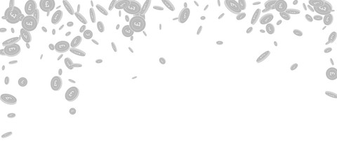 British pound coins falling. Scattered black and w