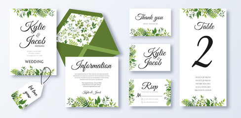 Wedding Invitation, menu card, information, table number. Floral design with green watercolor fern leaves foliage greenery decorative frame print Vector elegant cute rustic greeting invite postcard 