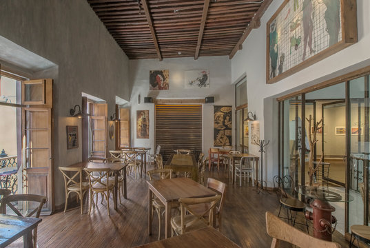 Chairs and tables in traditional coffee shop, Guanajuato, Guanajuato, Mexico