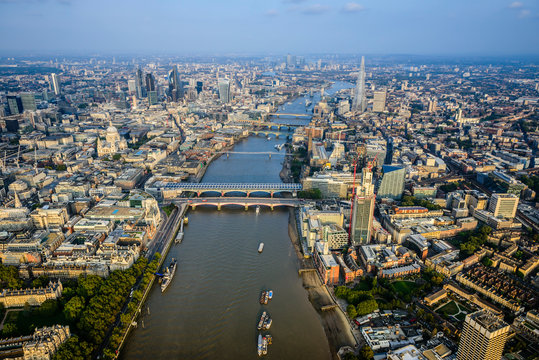 Aerial view of London cityscape and river, England