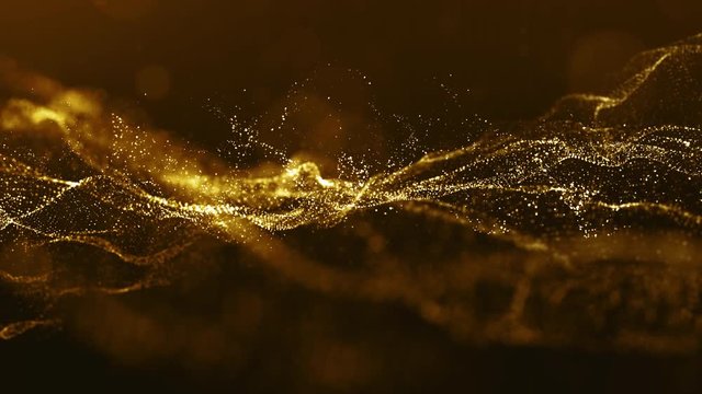 Abstract gold color digital particles wave with bokeh and light motion background