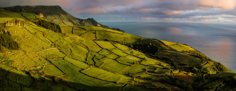 Aerial view of rural fields in coastal landscape