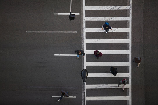 High angle view of pedestrians crossing street