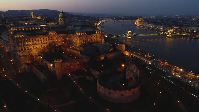 Budapest at night with Buda Castle Royal Palace, Szechenyi Chain Bridge