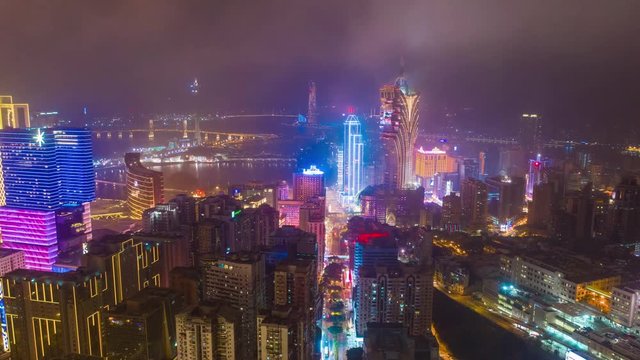 night illumination macau city downtown traffic street aerial panorama 4k timelapse china