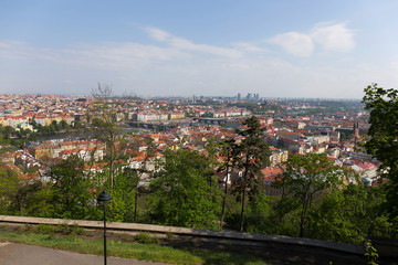 Naklejka premium Spring Prague City with green Nature and flowering Trees from the Hill Petrin, Czech Republic