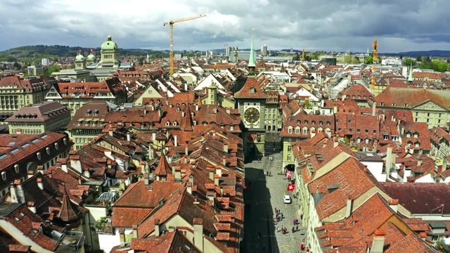 Aerial view of famous Zytglogge or Clock Tower in Old City of Bern, Switzerland