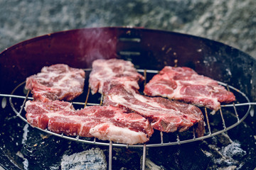 Close up on red pork pig meat cooking on the barbeque outdoor grill food
