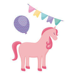 cute unicorn animal with garlands and balloon helium