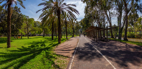 Beautiful panoramic view of a pathway in Yarkon Park during a vibrant sunny day. Taken in Tel Aviv,...