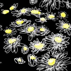 Foto op Canvas Seamless pattern with chrysanthemums. Drops of paint, watercolor paint. Stylish botanical background. Multicolored flowers, drawing by hand. © RantGoil