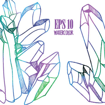 Crystals. Drawing by hand in vintage style. Texture of watercolor paint. Multicolored, bright drawing. Jewels, precious stones.