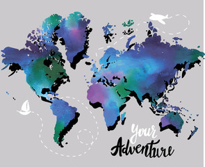 Your adventure. Drawing by hand, children's drawing.Bright, colorful drawing. World map, geographical map. Airplane, ship, route. Spots of color. Poster, postcard, print on the T-shirt.