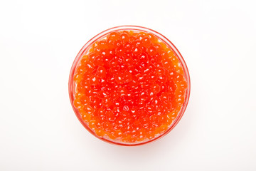 red caviar in glass bowl isolated on white background 