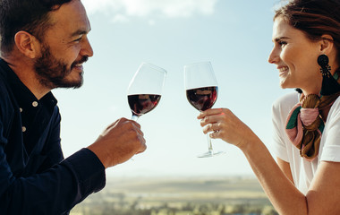 Close up of a romantic couple on wine date