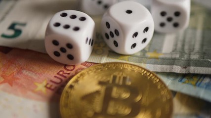 Abstract Blurred Concept: Bitcoin Coin, Euros and white Dice - Powered by Adobe