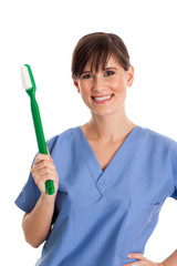 Happy Dental Hygienist Holding Large Toothbrush