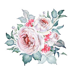Naklejki  Watercolor Flowers. Roses Bouquet. White and Pink Roses. Floral illustration. Leaves and buds. Botanic composition for wedding or greeting cards or other projects