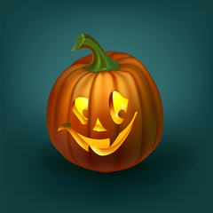 Realistic vector Halloween pumpkin with candle inside. Happy face Halloween pumpkin isolated on green blue background.. Vector Eps 10