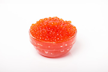 red caviar in glass bowl isolated on white background