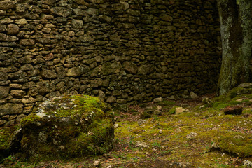 Mur ancien, rocher couvert de mousse et le calme