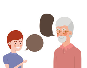 boy and grandfather with speech bubble character