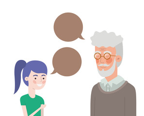 girl and grandfather with speech bubble character
