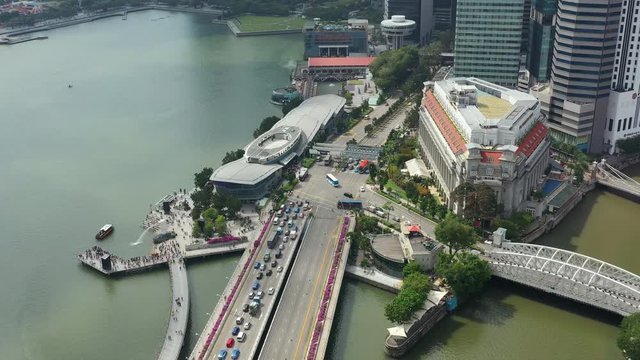 sunny day singapore city marina traffic bay famous hotel aerial topdown panorama 4k 