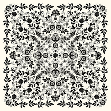 Vector ornament Embroidery floral Bandana Print, silk neck scarf or kerchief square pattern design style for print on fabric. Embroidery flowers for fashion products.