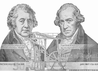 Matthew Boulton and James Watt, portrait from England money 50 Pounds Banknote. Close Up UNC...
