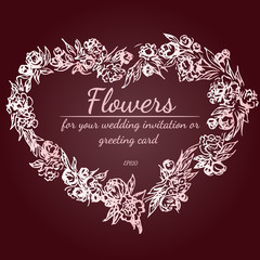 Wreath of roses or peonies flowers with rustic red, brown, chocolate and pale pink colors. Floral frame design elements for wedding invitation and greeting card. Hand drawn. Line art. Sketch