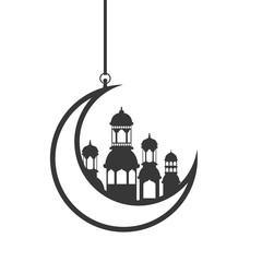 moon hanging with ramadan kareem mosque buildings