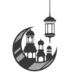 moon hanging with ramadan kareem mosque buildings