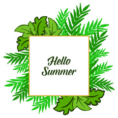 Vector illustration hello summer with green leafy wreath frame