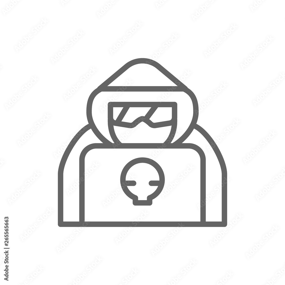 Poster computer hacker with laptop, spy agent line icon.