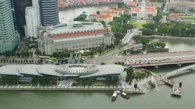day time singapore city downtown marina traffic bay famous hotel aerial topdown panorama 4k 