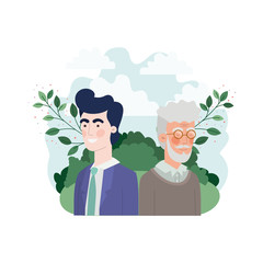 father with son in landscape and foliage character