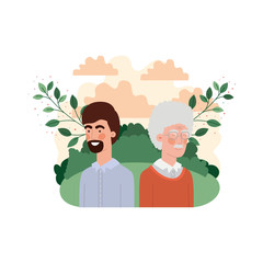 father with son in landscape and foliage character