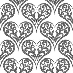 Greek style ornamental floral love hearts seamless pattern. Vector black and white patterned love background. Hand drawn doodle greek key meanders ornament with flowers, leaves, shapes, curves, swirls