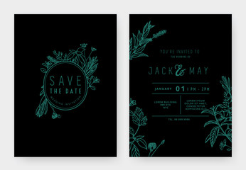 Minimalist wedding invitation card template design, floral with oval frame, line art ink drawing in blue and black tones