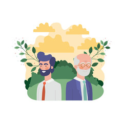father with son in landscape and foliage character