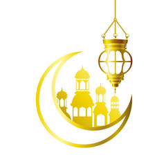 moon hanging with ramadan kareem mosque buildings