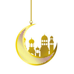 moon hanging with ramadan kareem mosque buildings