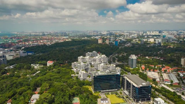 sunny day singapore city famous living complex building aerial panorama 4k timelapse
