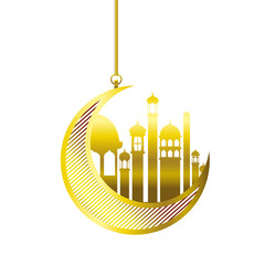 moon hanging with ramadan kareem mosque buildings