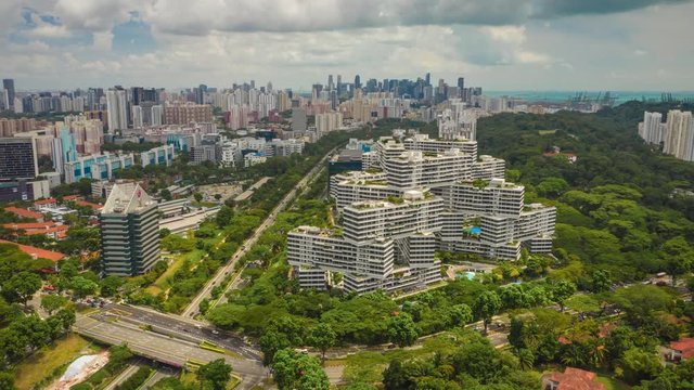 day time singapore city famous living complex building traffic street aerial panorama 4k timelapse