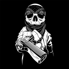 a skull wearing a bandana hands over a gun,vector