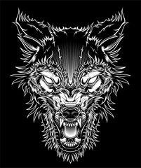 Vector illustration head ferocious wolf, outline silhouette on a black background