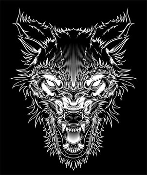 Vector illustration head ferocious wolf, outline silhouette on a black background