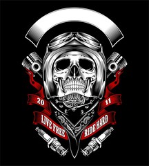 Skull with motorcycle helmet and bandana - Vector